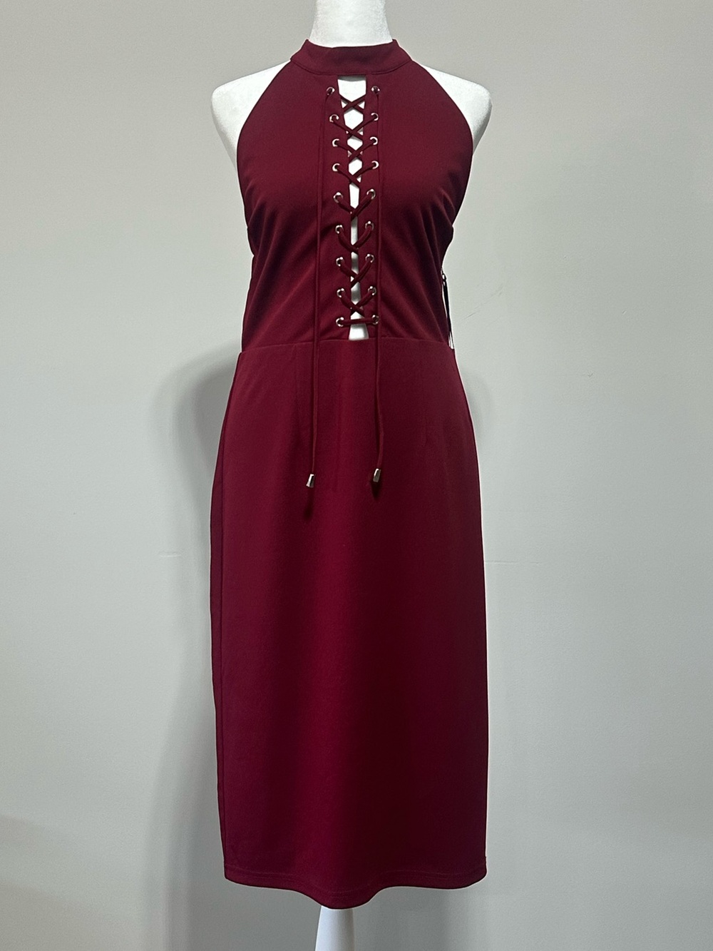 Lulu’s NWT Burgundy Lace-Up Halter Bodycon Midi Dress XL
